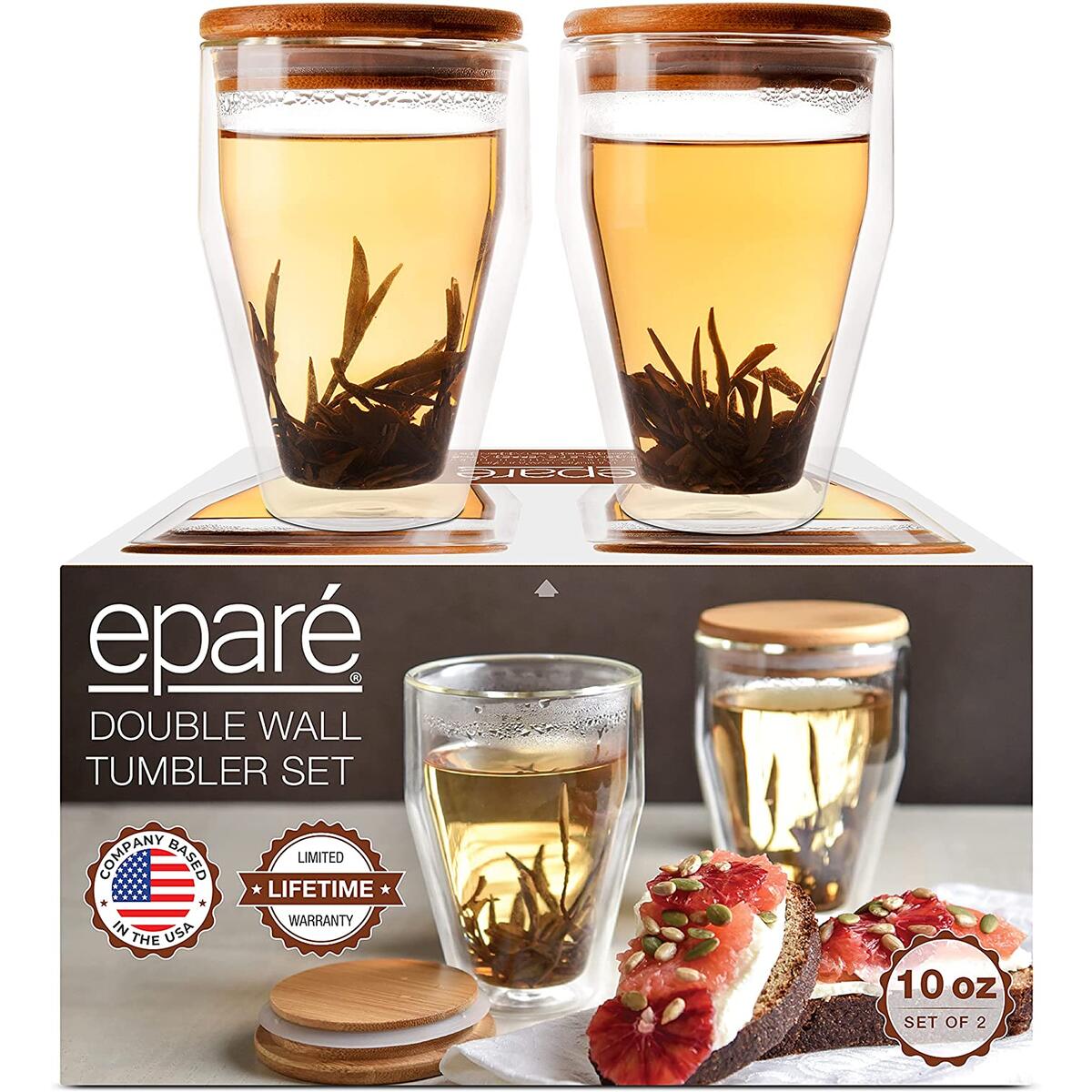 Eparé Glass Tumbler & Lid - 10oz Set Of 2 Double Wall Glasses - Clear Insulated Cups - Large Coffee, Latte & Tea Mugs