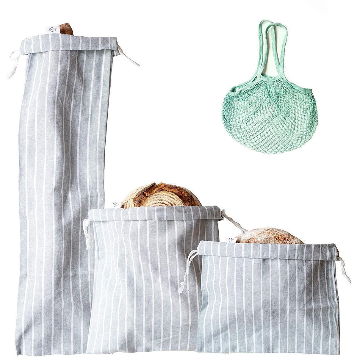 Bread Bags for Homemade Bread, Set of 3 Reusable Linen Bread Storage Bags with Ties + Gift Produce Bag for Groceries, Organic Bread Bags for Keeping Baguettes, Artisan Bread Fresh