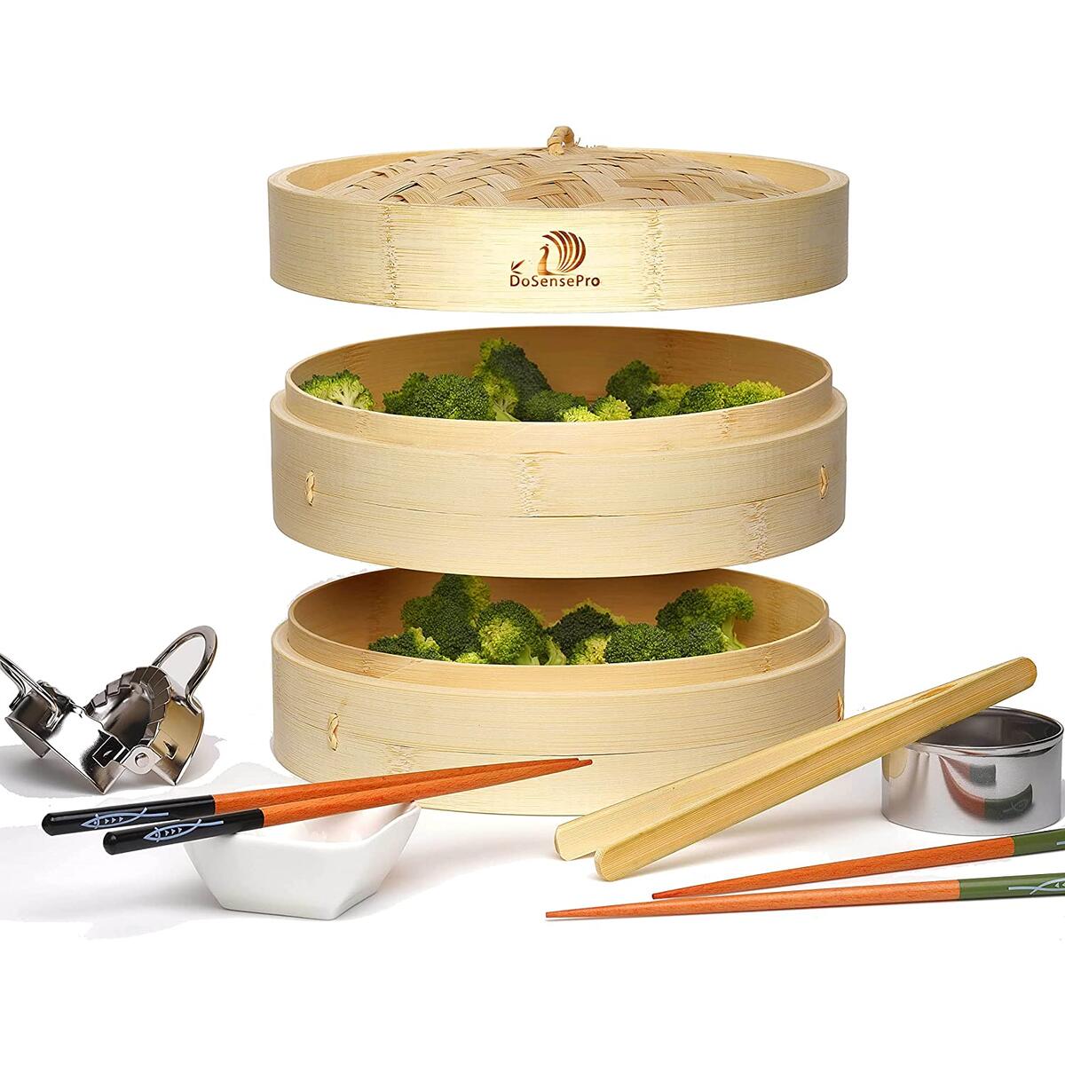 10” Bamboo Steamer Basket Includes Liners, Chopsticks, Ceramic Dish, Bamboo Tongs, And Stainless Steel Dumpling Maker, 2 Tiers Dumpling Dim Sum Steam Cooker For Healthy Low Fat Diet by DoSensePro