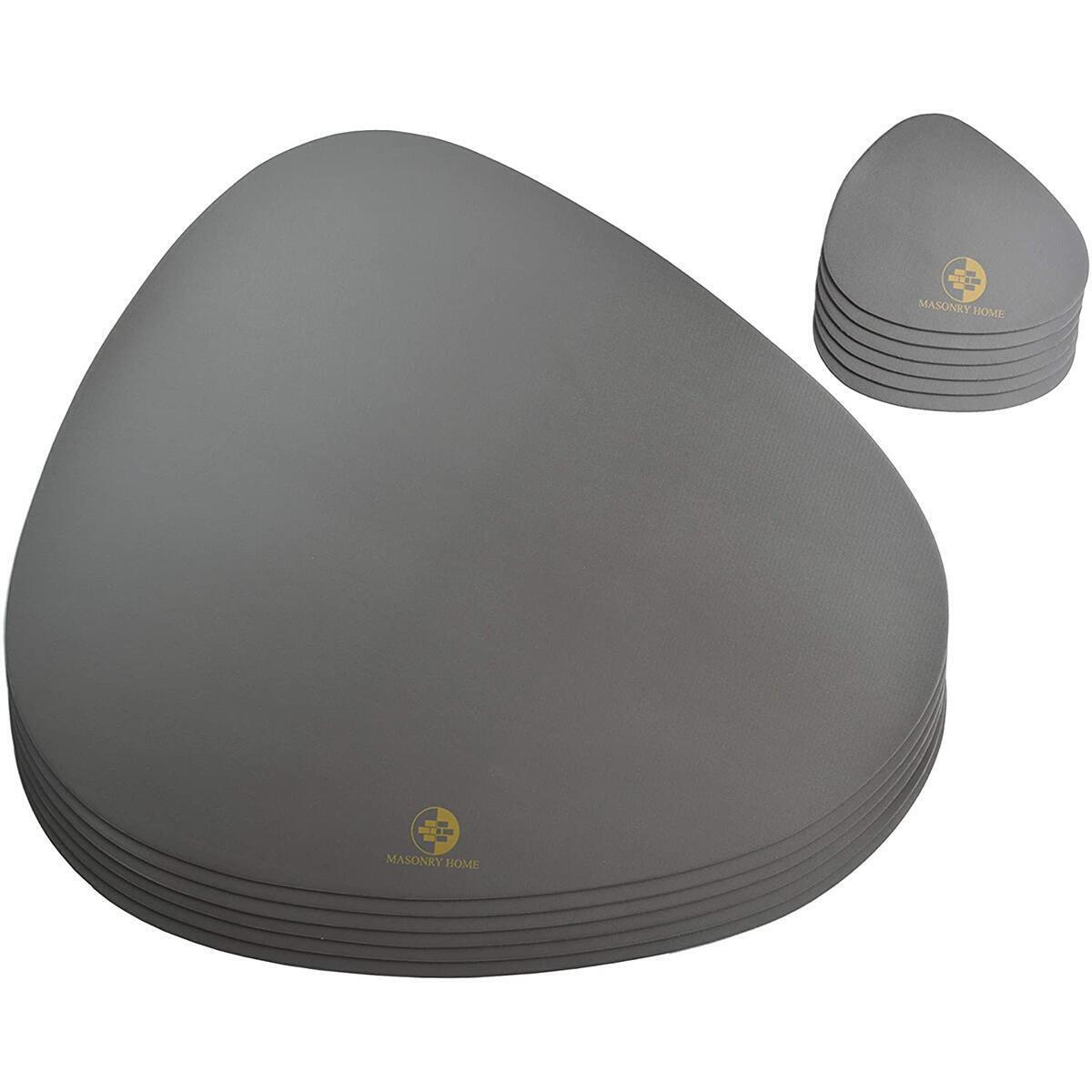 Masonry Home Synthetic Gray Leather Placemats and Coasters for Dining table (Set of 6) - 6 Place Mats and 6 Coasters for Drinks - Easy Clean, Waterproof, Washable, Durable - Table Mats for Kitchen