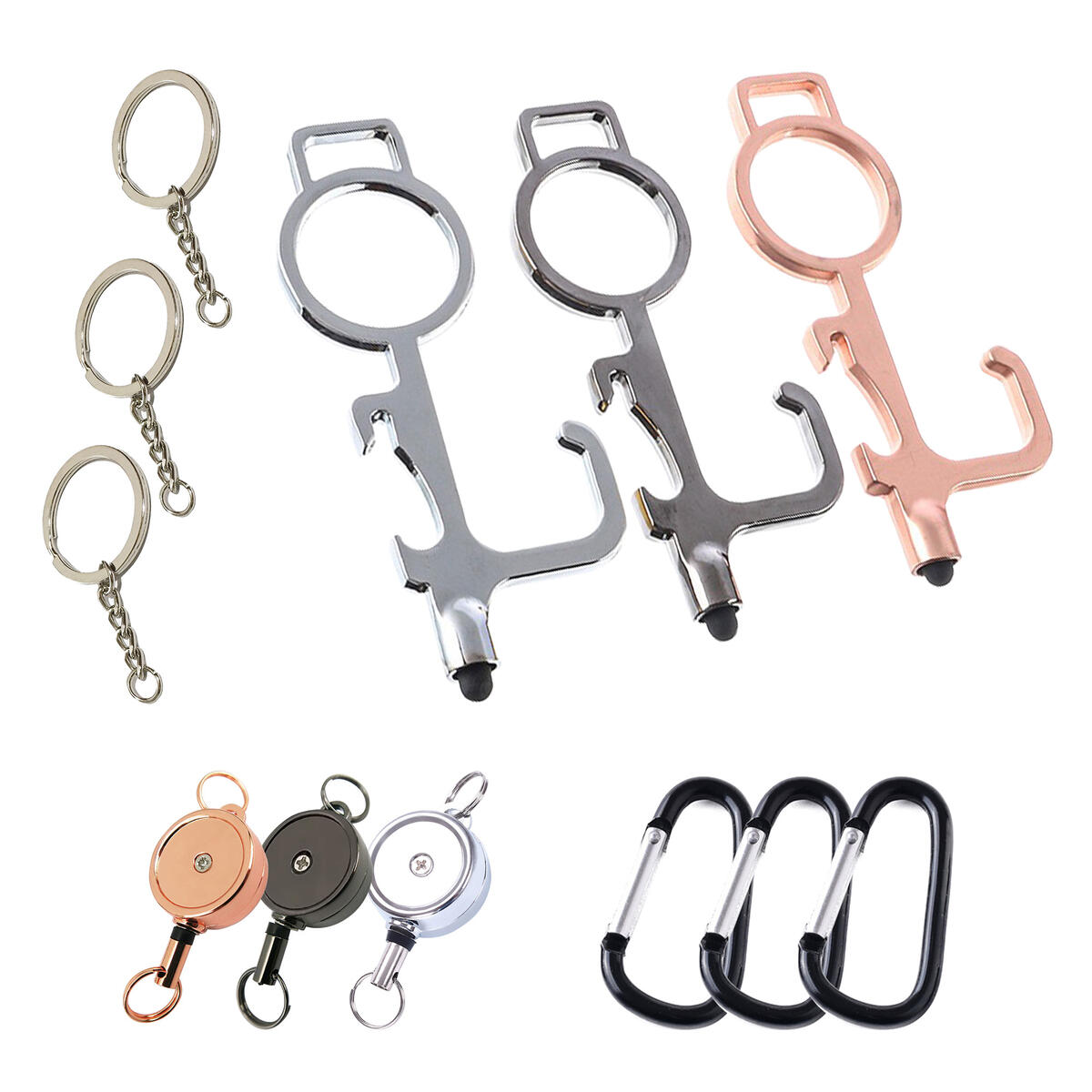 Multifunctional Key Tools,Keychain Hook Gadget,Hands Free Door Handle Opener,Elevator Button Pusher,Screen Surface Stylus,Metal Bottle Opener,with Retractable Chain/Ring/Carabiner/Buckle(3 Packs)