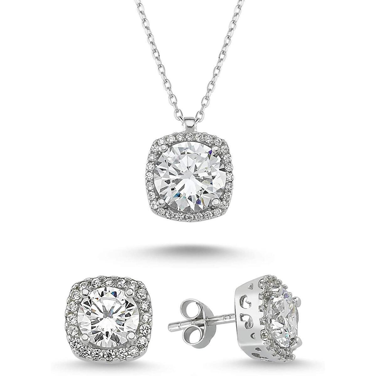 Starlight Diamond Women's Jewelry Sets - 925 Sterling Silver Plated Earring and Necklace Set - Lightweight Square Zircon Diamond Jewelry Sets with Gift Box for Birthday (Premium)