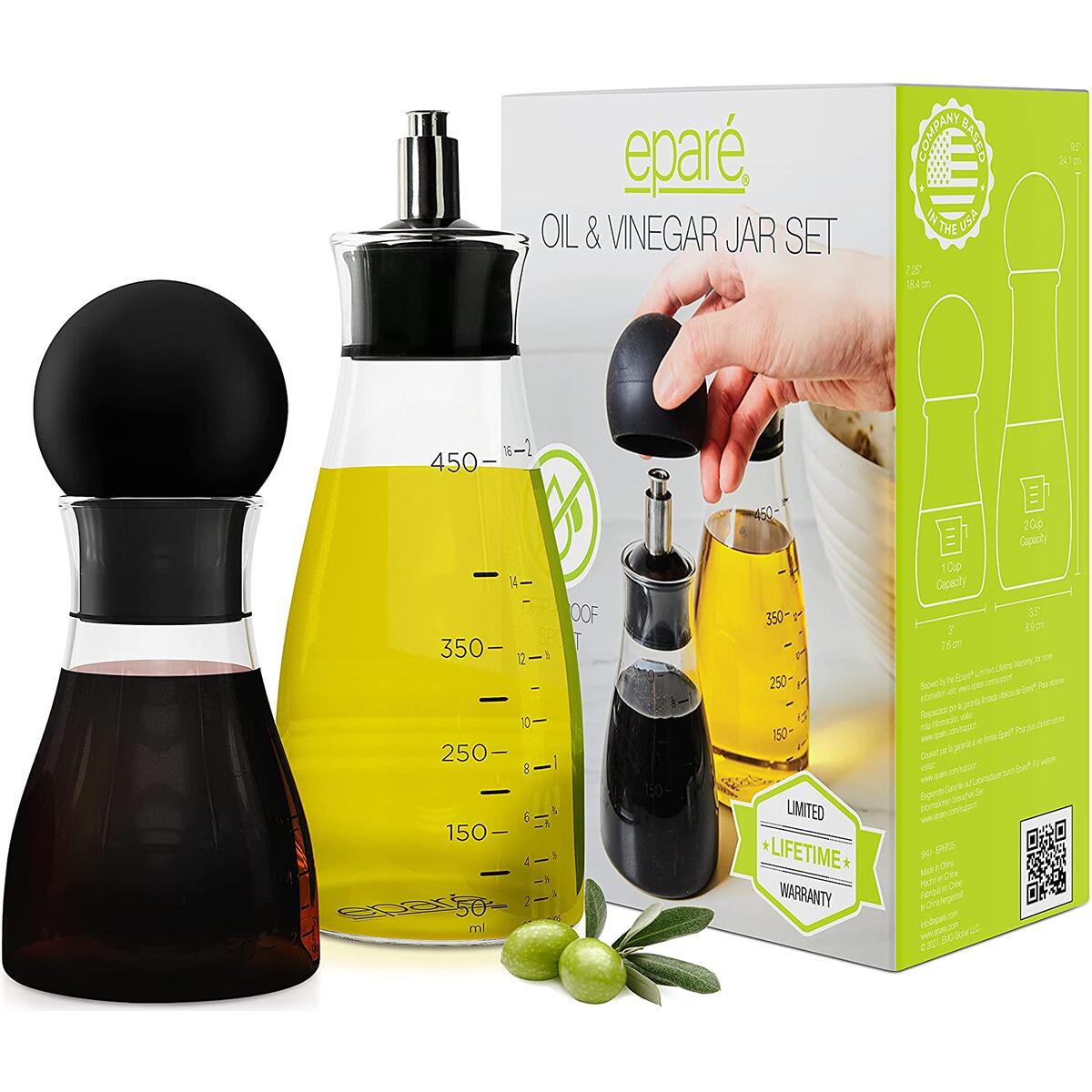 Eparé Olive Oil And Vinegar Dispenser Bottles - Set Of Two Large Capacity Cruets - Stainless Spout - Borosilicate Glass
