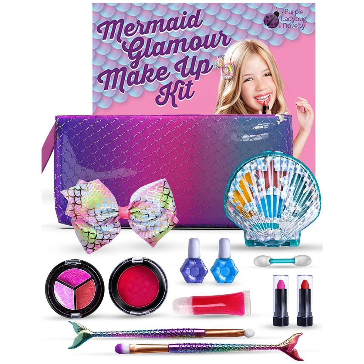 Purple Ladybug Mermaid Makeup Kit for Little Girls - Safe & Washable Make up Set for Kids & Tweens - Great Mermaid Themed Birthday Gift Idea for Girl - with a Cool Wristlet, Lipstick, Blush, & More