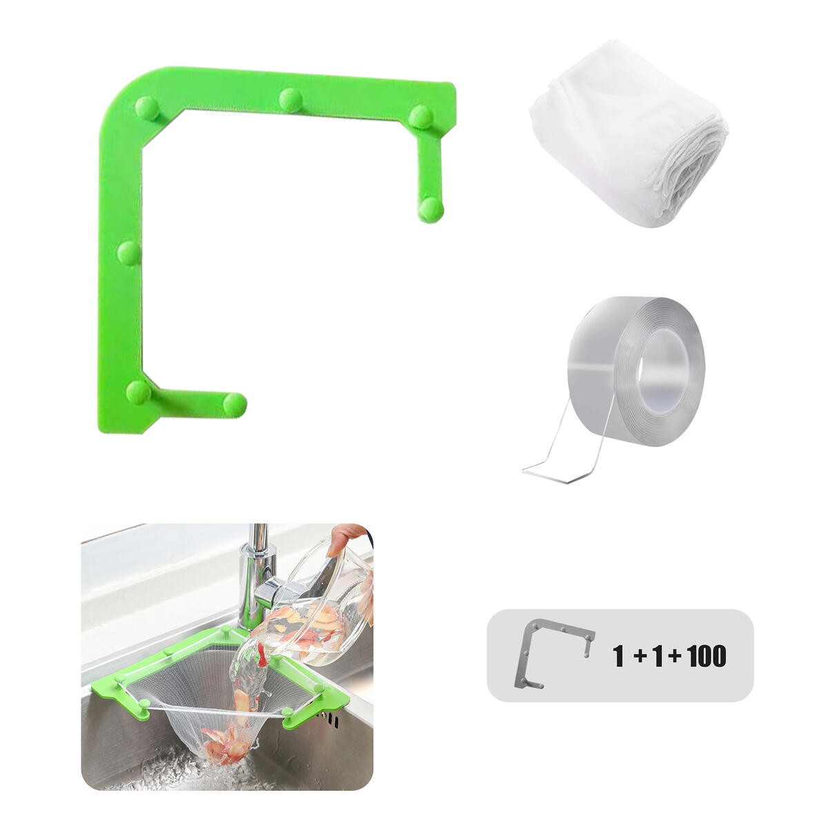 Triangle Sink Strainer Holder,Kitchen Filter Basket,Multifunctional Food Residue Drain Pouch,Leftover Soup Garbage Hanging Net,Vegetable Fruit Clean Storage Rack(100pcs Large Size Mesh Bag+ Nano Tape)