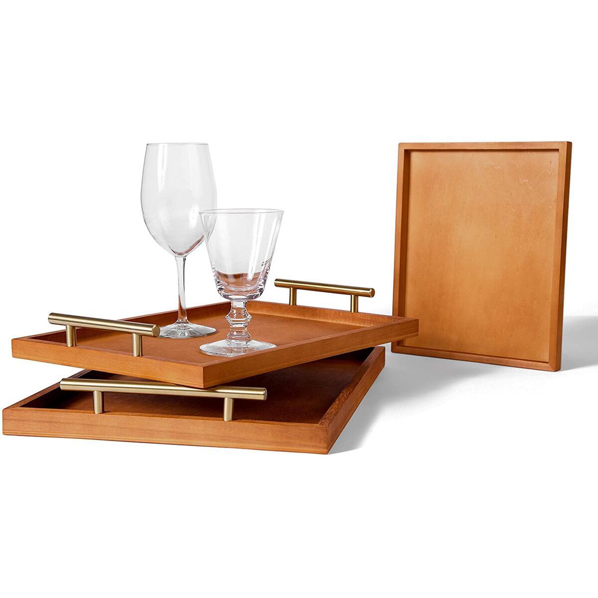 Coffee Table Tray Decorative Tray Ottoman Tray | Wooden Tray 3 Piece Set | Rustic Trays for Coffee Table with Wood Vanity Tray and Gold Handles - Artful Works