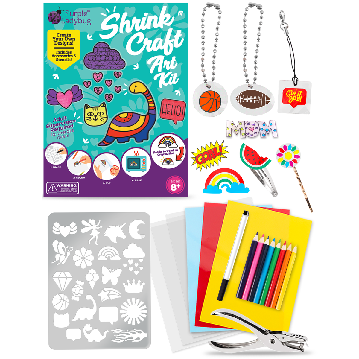 PURPLE LADYBUG Shrink Plastic Sheets Art Craft Kit for Kids - With 3 Pieces Shrink Papers of Unique Colors - Make Your Own 200 Shrink Arts - Fun Kids Activities at Home, Great Gift for Boys & Girls 8+