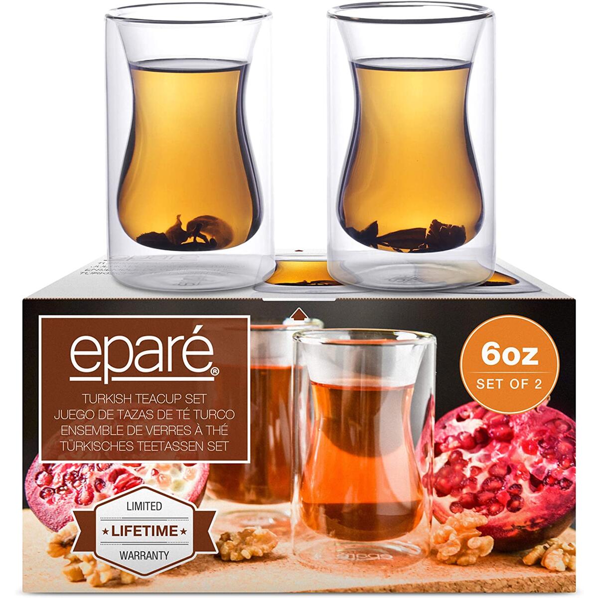 6 oz Turkish Tea Cups - Set Of 2 - Double Walled Clear Glass Cup - Small Coffee Mug - Cafe Latte Espresso or Cappuccino Beverages Mugs by Eparé