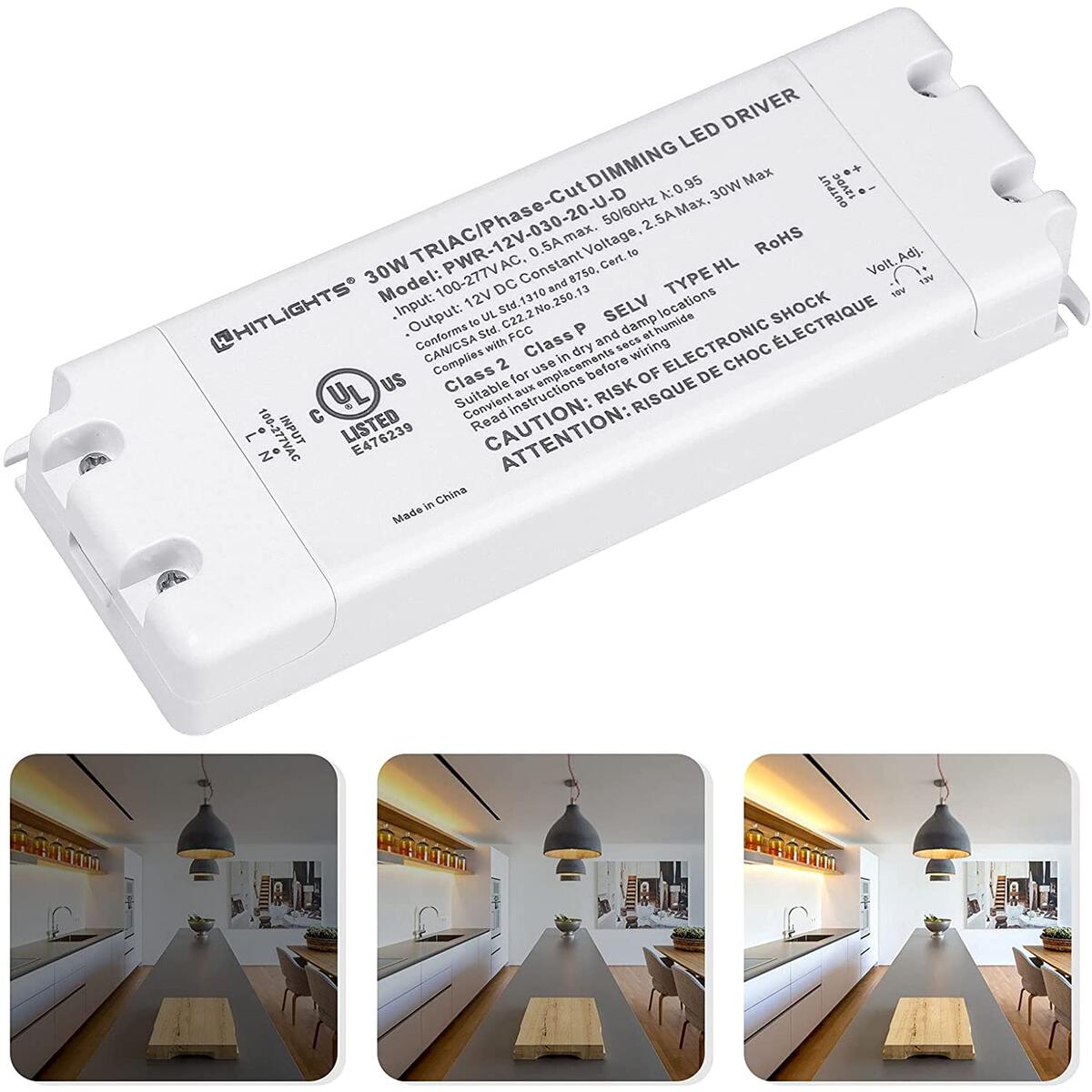 HitLights 30W LED Dimmable Driver, 110-277V AC - 12V 2.5A DC Electric LED Transformer