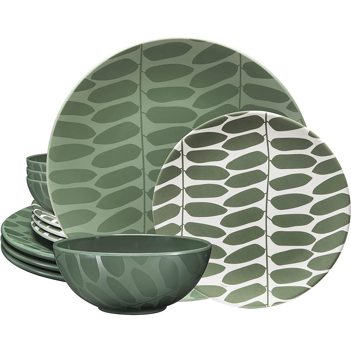 bzyoo Outdoor/Indoor Melamine 12 PCS Dinnerware set (Leaf Green Collection)
