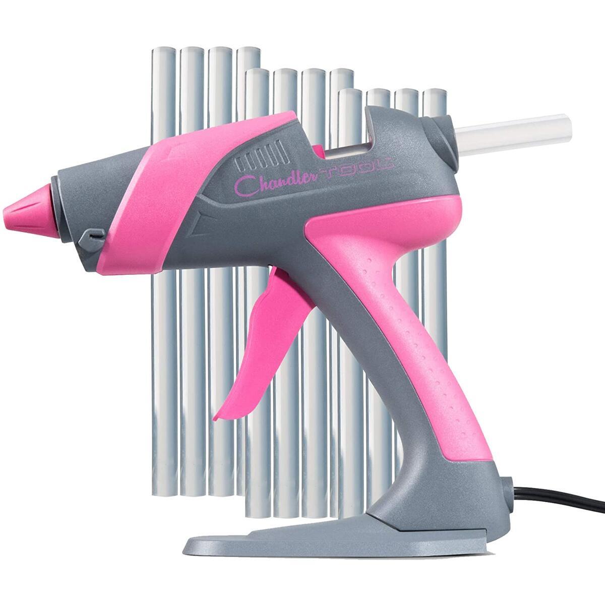 Hot Glue Gun by Chandler Tool - 60 Watt Full Size Heavy Duty High Temp Industrial Hot Melt Glue Gun Kit With 12 Pcs Glue Sticks & Patented “Stand-Up” Base Stand, for Arts & Crafts, DIY & More (Pink)