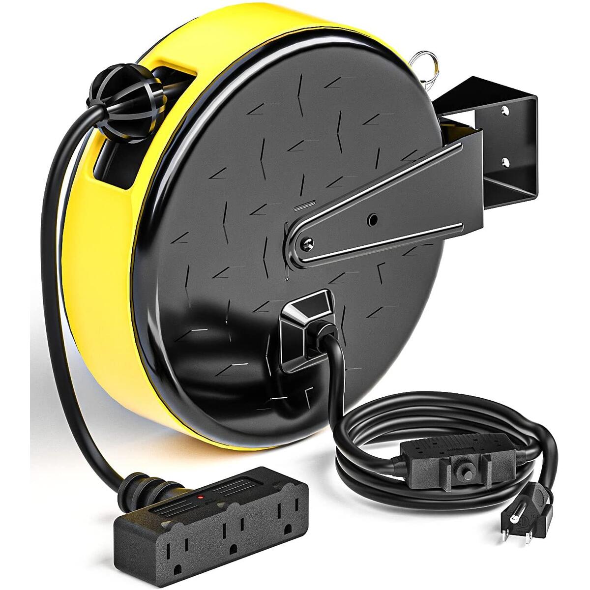 Extension Cord Reel 30FT Retractable Extension Cord 16AWG SJTW with Triple Tap Limited of 1250W 10A, Circuit Breaker and Adjustable Stopper