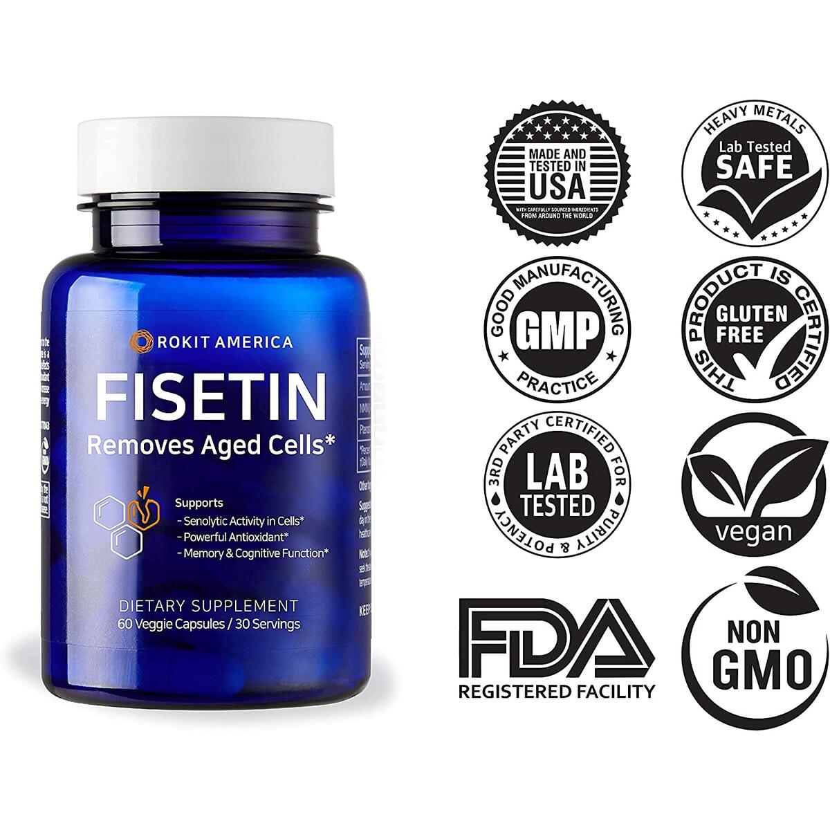 ROKIT America Fisetin Supplement, 60 Capsules - Brain, Focus and Memory Booster - Anti ageing Support