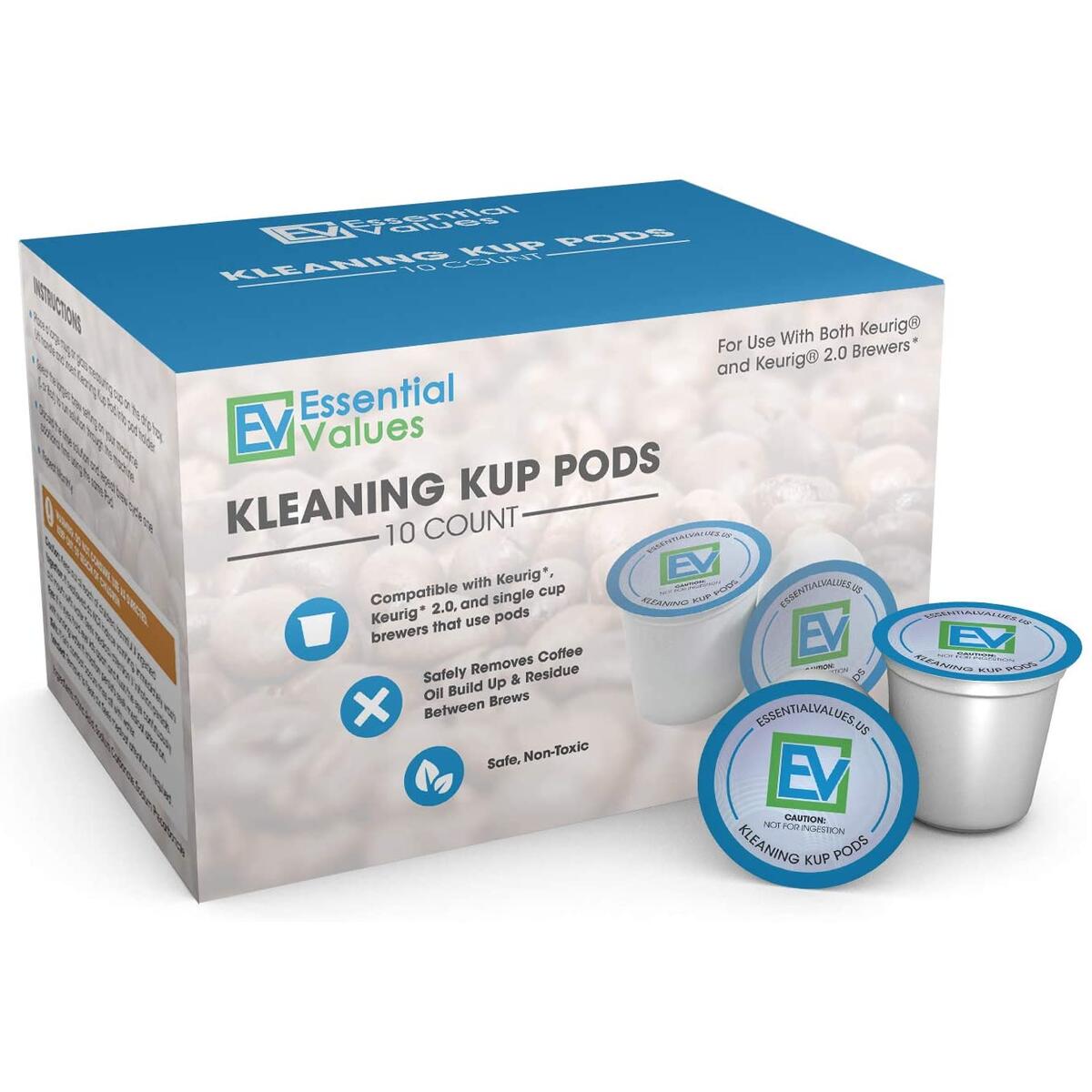 Essential Values 10-Pack of Cleaning Cups for Keurig K-Cup Machines Including 2.0 Compatible, Safe & Effective / Non-Toxic - Proudly Made in USA