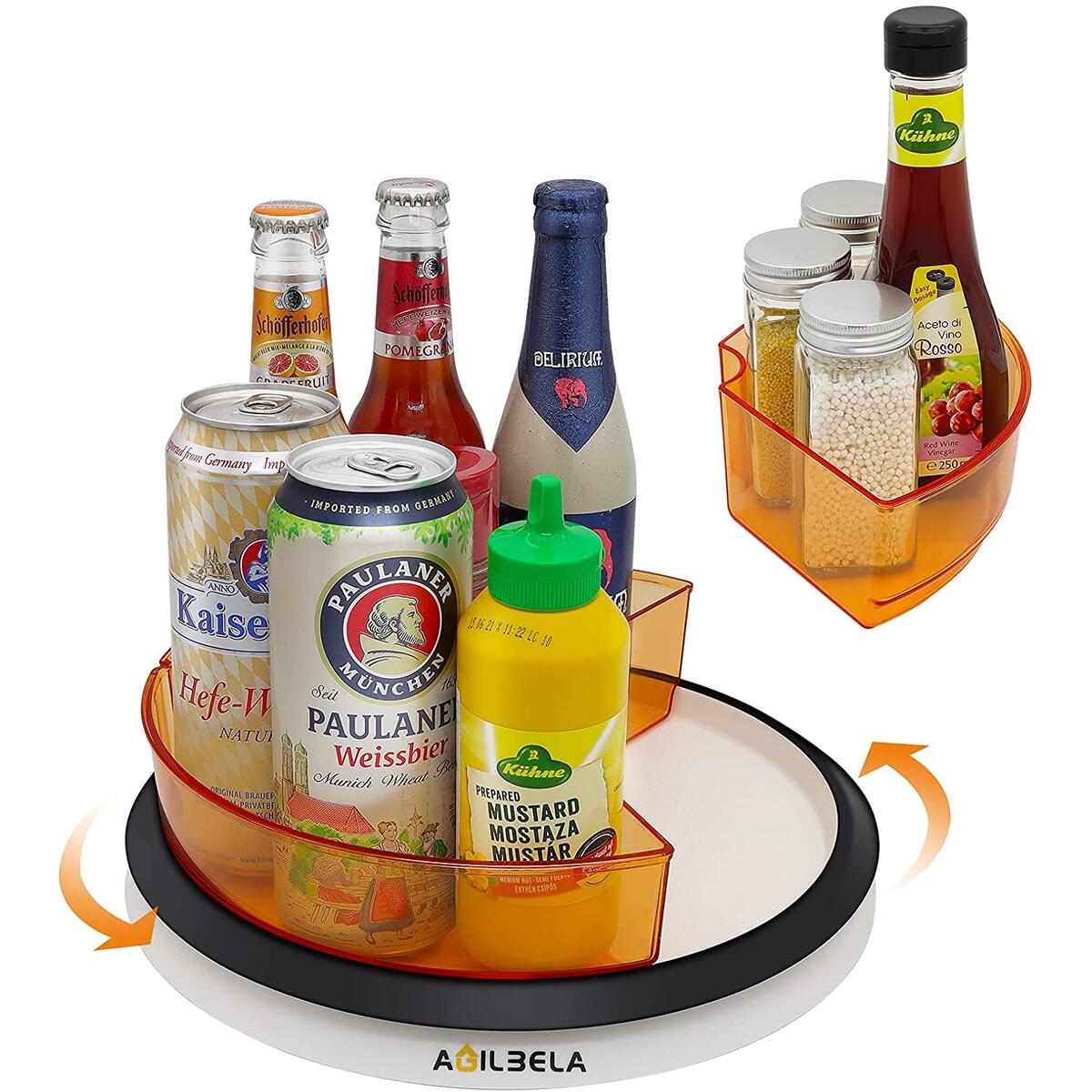 AGILBELA Clear Lazy Susan Cabinet Organizer with 3 x Divided Bins, Removable, Acrylic Rotating Spice Rack for Pantry, Countertop, Fridge, 11.5-Inch, Orange