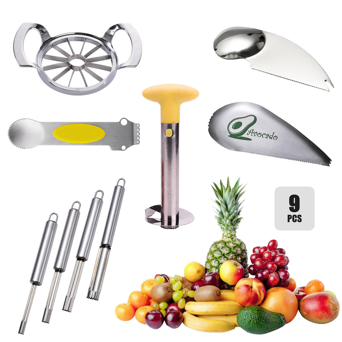 Family Fruit Tools Set,Stainless Steel Kitchen Gadget,Cutter/Slicer/Corer/Peeler/Planer/Grater/Pitter/Divider/Zester/Remover,Apple/Pineapple/Avocado/Strawberry/Lemon/Citrus/Orange/Pitaya/Mango(9pcs)
