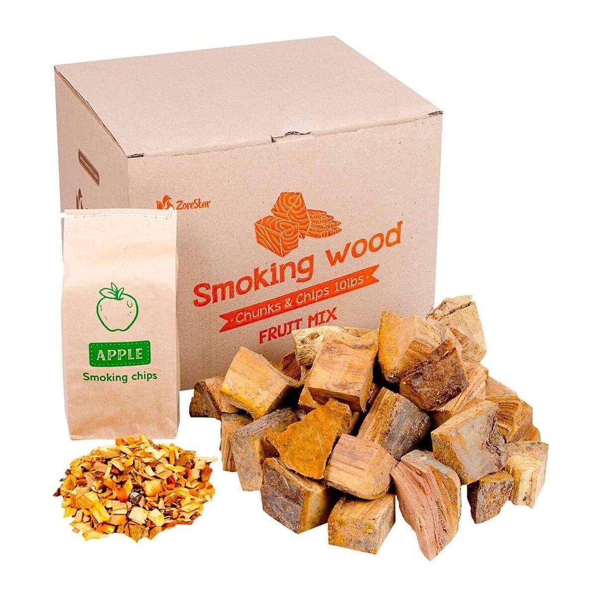 Zorestar Wood Chunks - Mix of Fruit Smoking Wood for Grilling and BBQ + 1pc of Apple Chips for Smokers - 12 lb of 100% Natural Cooking Wood…