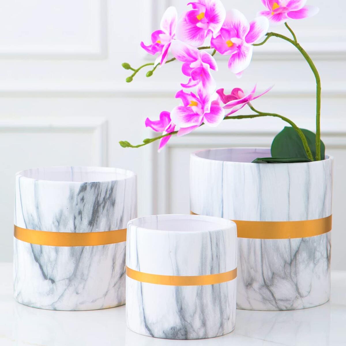 Ceramic Pots for Plants - DO NOT CLAIM EXTRA COUPON 3 Pack Set, 6 + 5 + 4 Inch White Orchid Pot, Marble Pattern Gold Details, Unique Modern Classy Gold Flower Pots Indoor, Succulent Planters with drainage