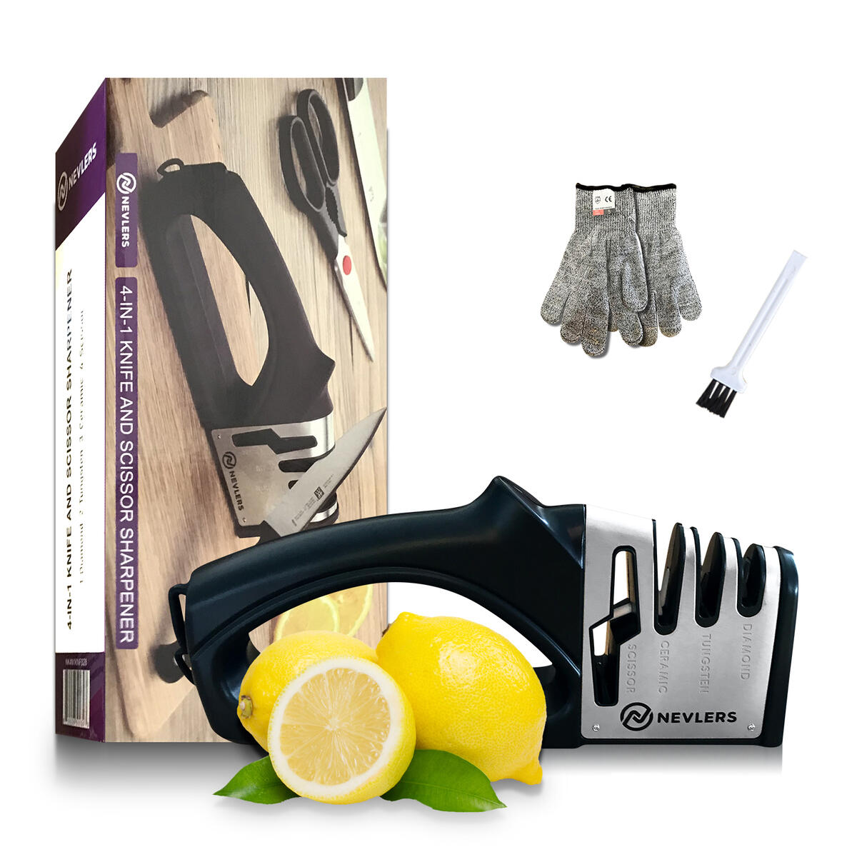Nevlers 4 in 1 Knife Sharpener - Preps, Repairs, Sharpens, and Polishes Most Knives - 2 Cut Resistant Gloves and Mini Brush Included - Choose from 3 Beautiful Colors; Black, White, and Red