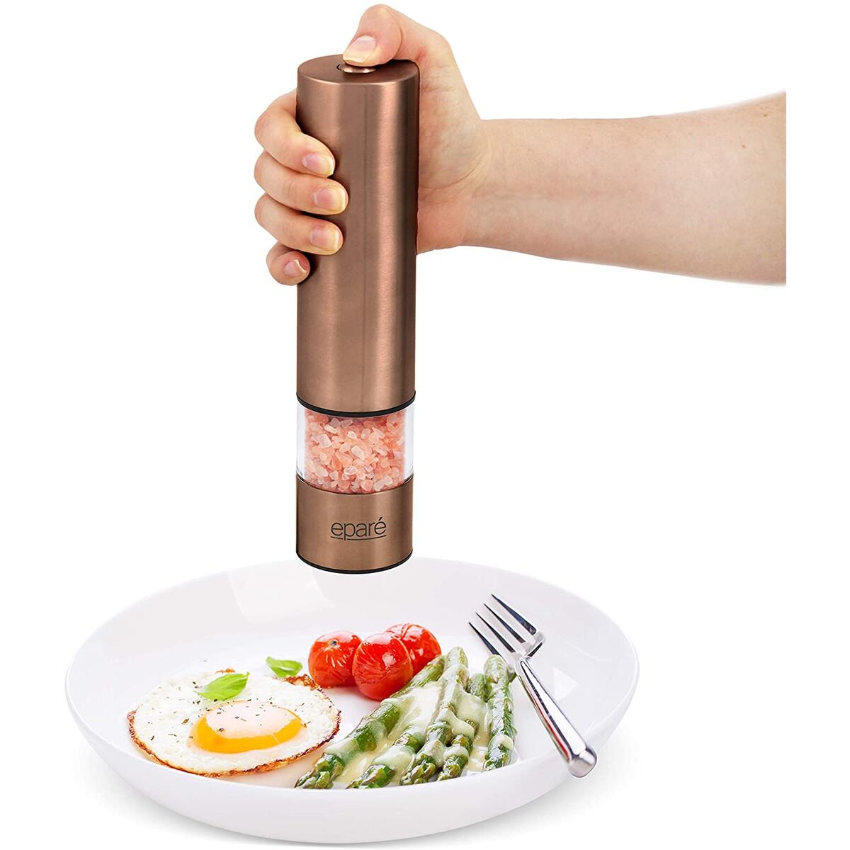 Electric Salt or Pepper Grinder - Battery Operated Ceramic Burr Peppermill Shaker - Automatic Copper Steel Grinders - Mill With LED Light by Eparé