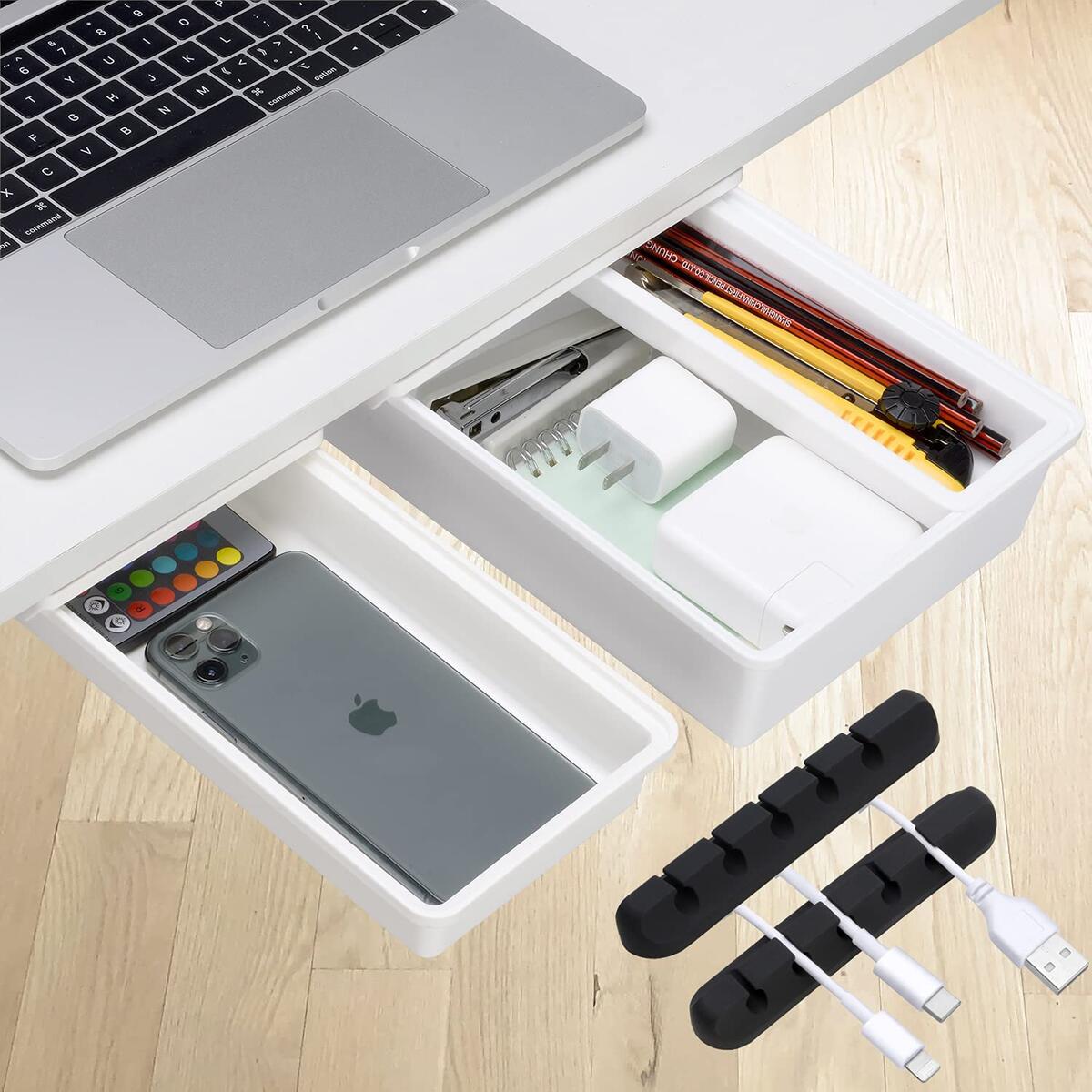 E Merx Under Desk Drawer Organizers - Set of Small & Medium Drawers for Under Desk Organizers and Storage with Pencil Tray & Cable Organizer - Sliding Holder for Stationary, School & Office Items