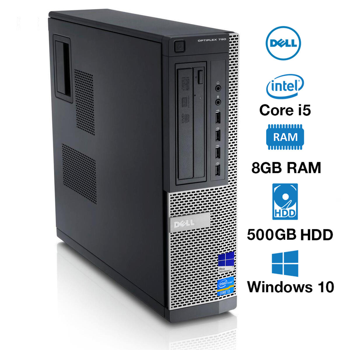 Dell OptiPlex 790 DT i5-2500 3.3GHz, 8GB RAM, 500GB HDD, WiFi 650MB/S, DVD+/-ROM, WINDOWS 10 Pro. REFURBISHED.