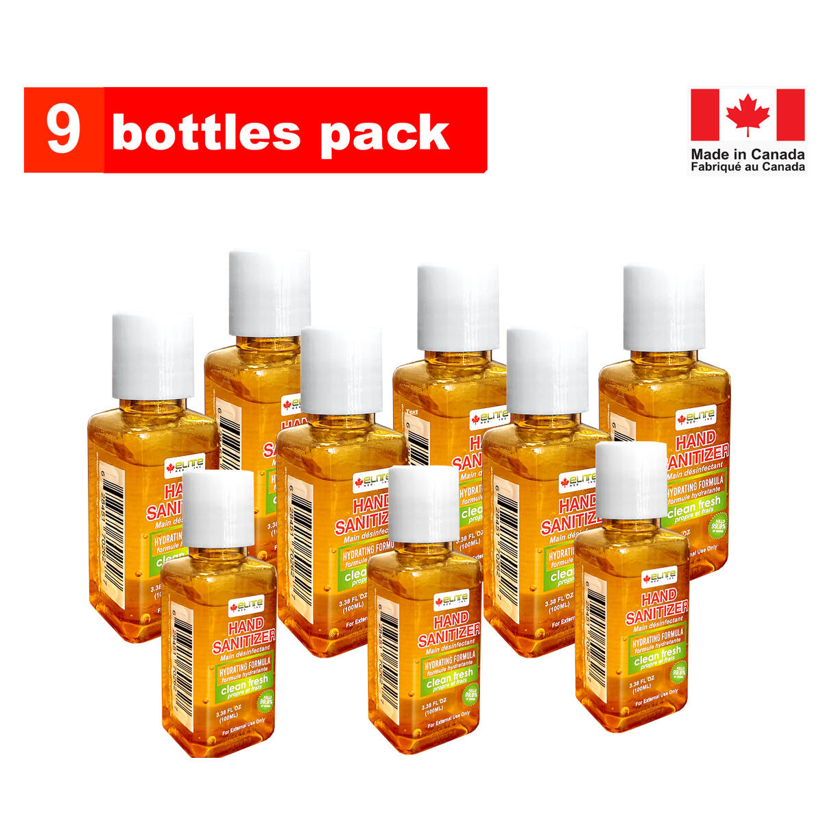 ELITEMED Hand Sanitizer 100 ml Made In Canada - (Pack of 9)