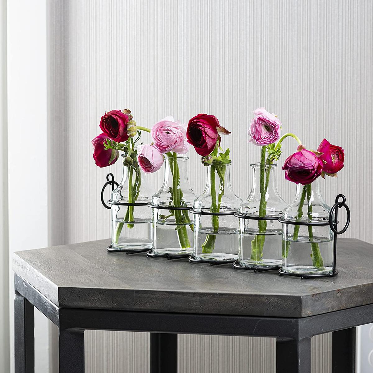 5pc glass flower vase with metal holder, best vases for flowers, set for home decor, wedding decorations, table decor, kitchen, bathroom, bedroom, shelf decor, best modern vase for flower arrangement.