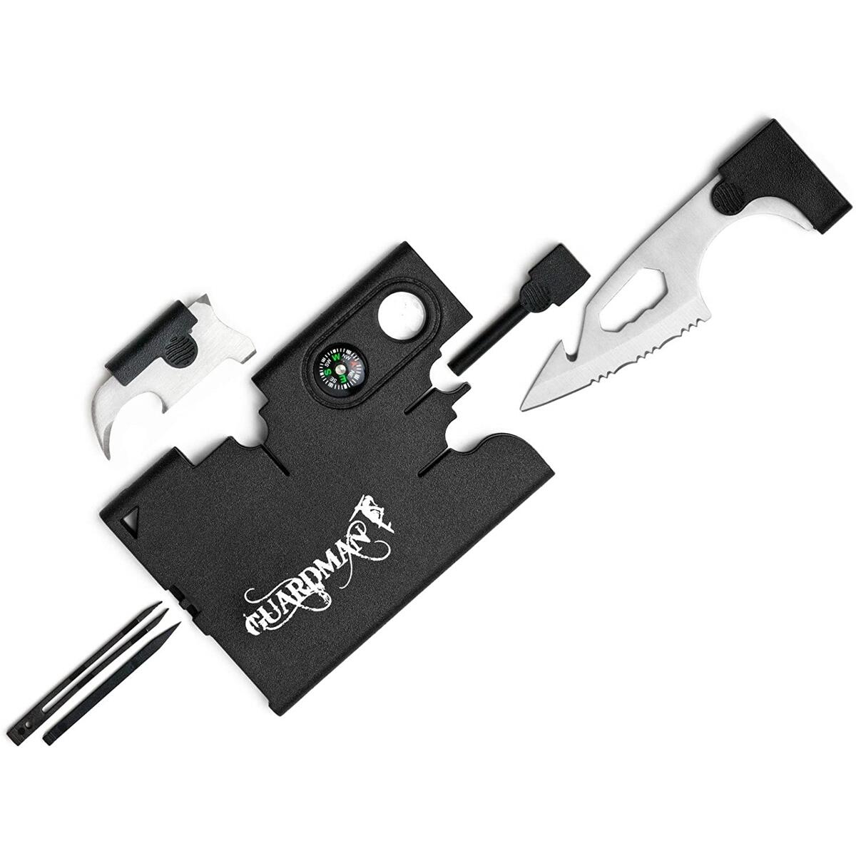 Upgraded 12-in-1 Survival Credit Card Multitool By GUARDMAN - Multipurpose Wallet Tool With Survival Knife, Fire Starter, Whistle, Compass - Great Stocking Stuffer For Men & Father’s Day Gift