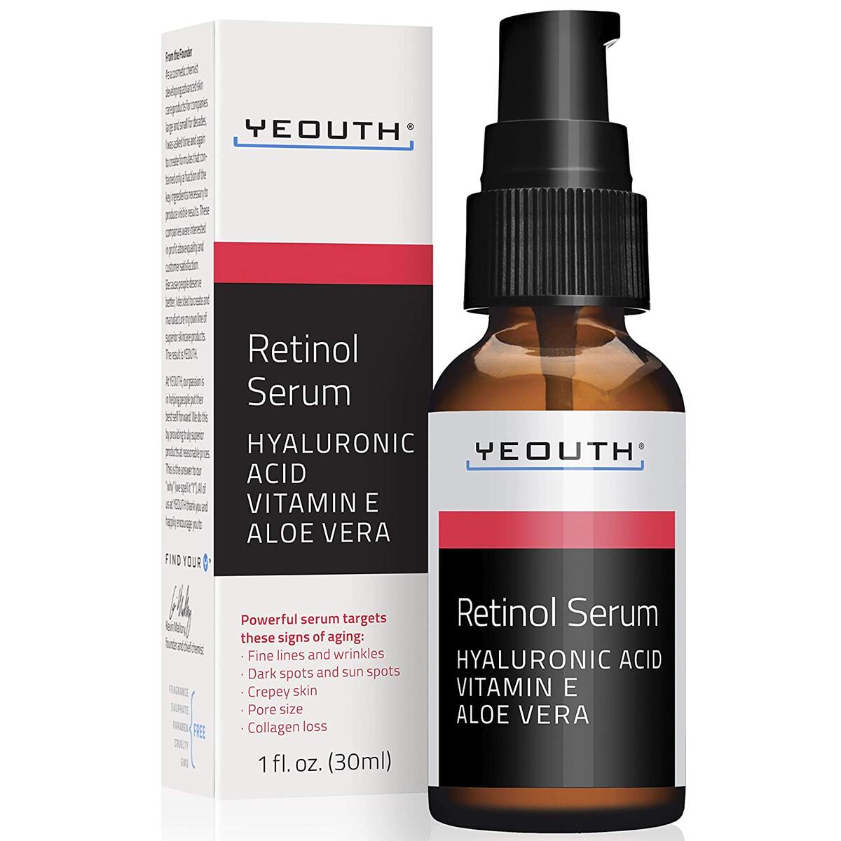 Retinol Serum 2.5% with Hyaluronic Acid, Aloe Vera, Vitamin E - Boost Collagen Production, Reduce Wrinkles, Fine Lines, Even Skin Tone, Age Spots, Sun Spots - 1 fl oz - Yeouth