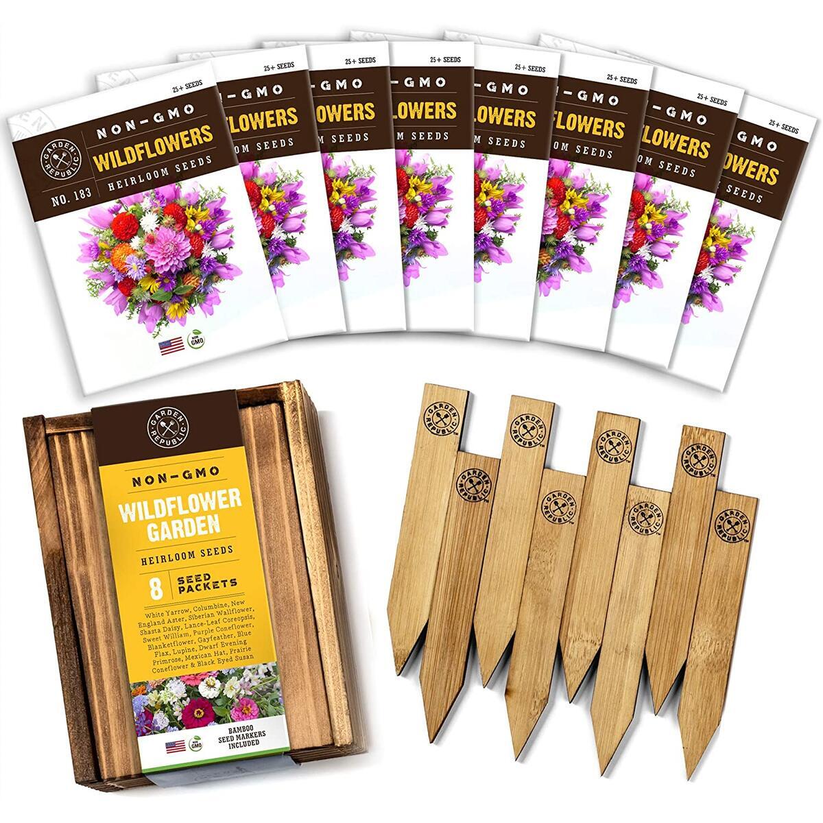 Wildflower Seeds for Planting Outdoors, 8 Non-GMO Heirloom Wildflower Seed Packets Including 16 Varieties of Wildflower, Wood Gift Box & Plant Markers, DIY Home Gardening Gifts for Plant Lovers