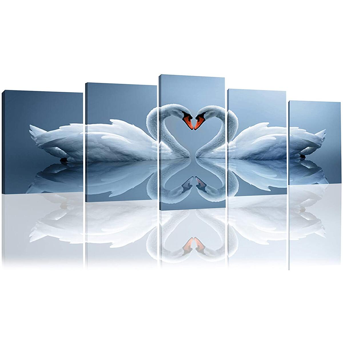 Canvas Prints Wall Art – White Swan Painting, 5 Piece Artwork for Home Decor, Modern Picture Ready to Hang