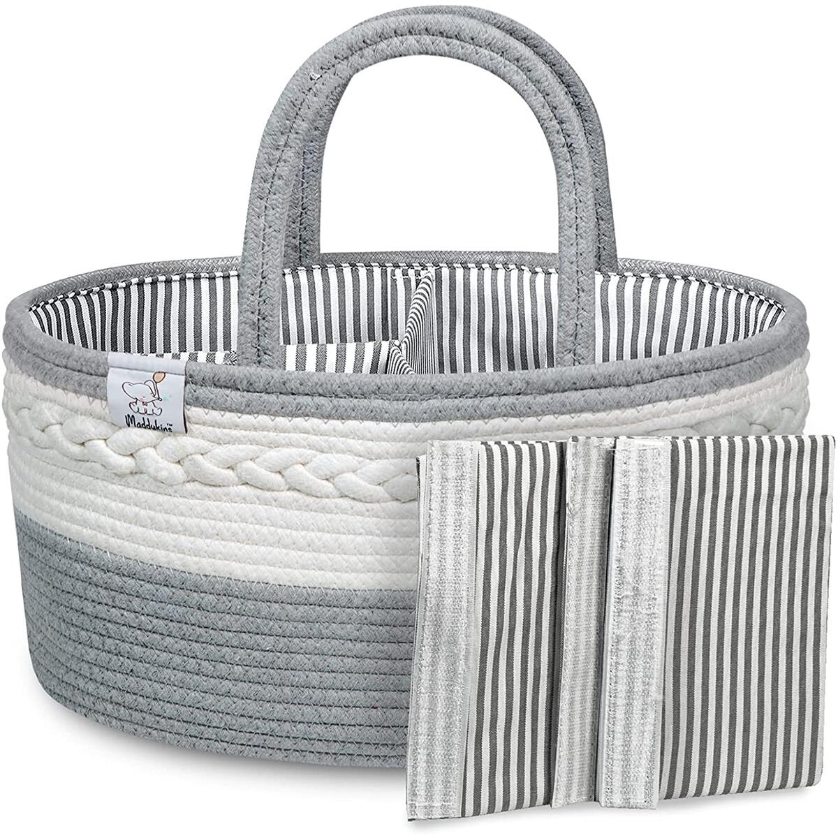 Maddykins - Diaper Caddy, Diaper Basket Organizer, 100% Pure Woven Cotton Diaper Storage Caddy, Large Diaper Caddy, Grey/White