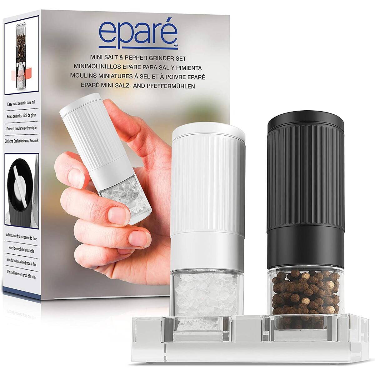 Mini Salt & Pepper Grinder Set - Unique Refillable Modern Grinders - Ceramic Mill Shakers - Spice Mills Shaker - Peppermill - Acrylic Stand by Eparé