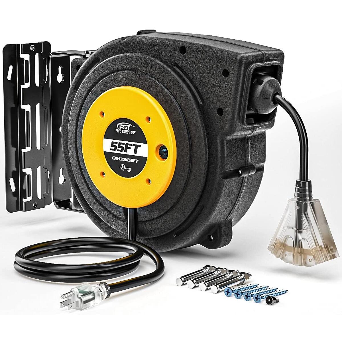 55feet Extension Cord Reel, Retractable Lighted Triple Tap Limited of 1625W, 13A/SJTOW with Reset Button and Adjustable Stopper