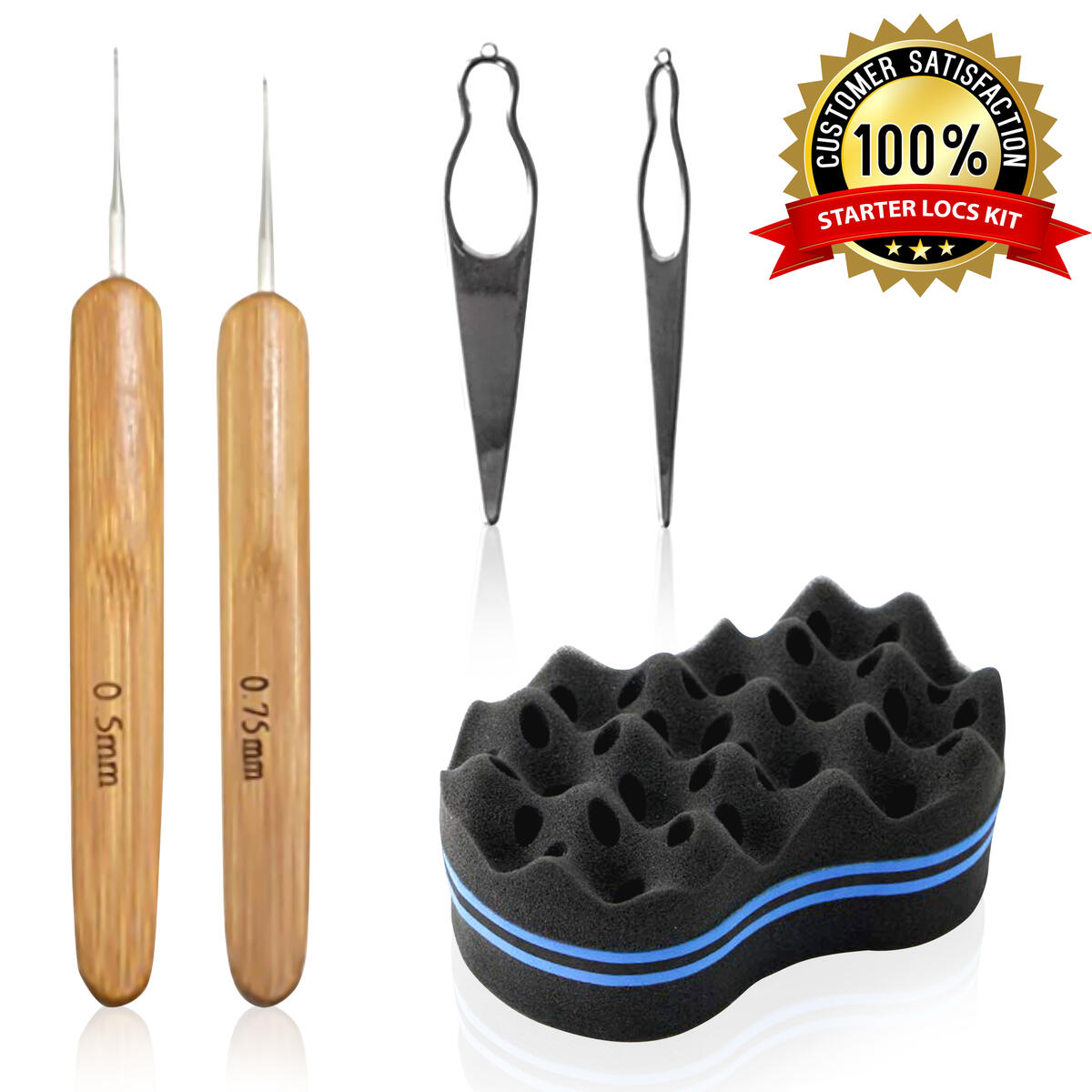Starter Locs Kit - 1 Hair Sponge, 2 Dreadlock Crochet Hooks, 2 Interlocking Needles for Locs, Twist, Afro, Curls, Coil, Waves and Dreads. Hair Care Tool. Barber Brush. Hair Sponges for Black Men Curls. Dreadlock Hair Products. Crochet Needle