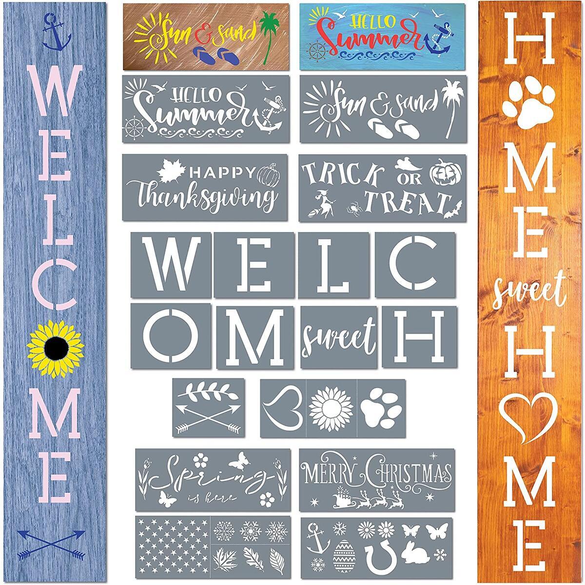 ULPO Crafts Seasonal Stencils for Painting on Wood Reusable Kit, Large 26 PC. Set, Celebrate Holidays and Seasons, Summer Welcome Home Signs, Letters, Designs and American Flag Stars Stencil