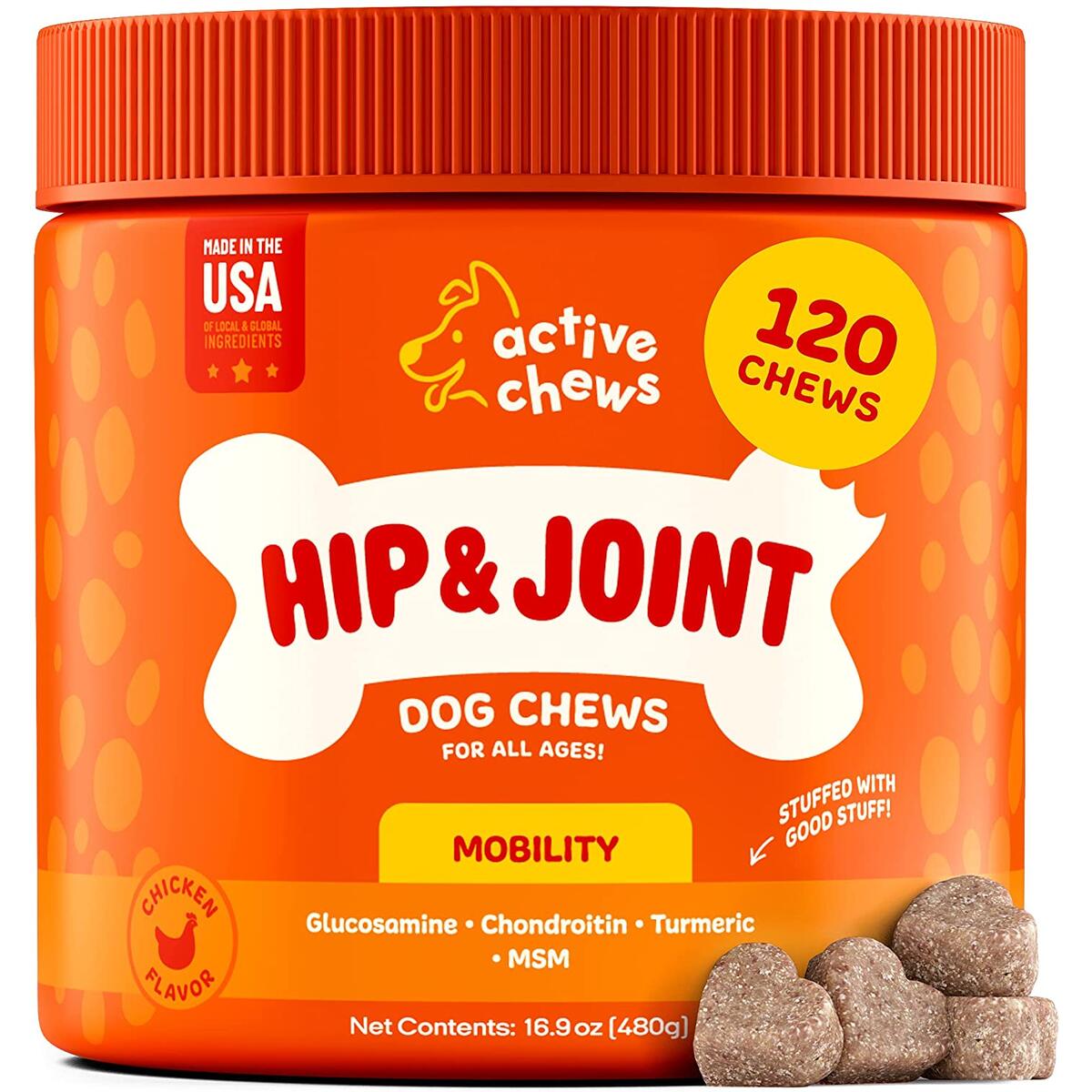 Active Chews Glucosamine for Dogs Hip and Joint Supplement | Dog Joint Supplement with Chondroitin, MSM & Turmeric |Soft Chews Supports Joint Mobility, Cartilage & Enhances Immune Response, 120 Count