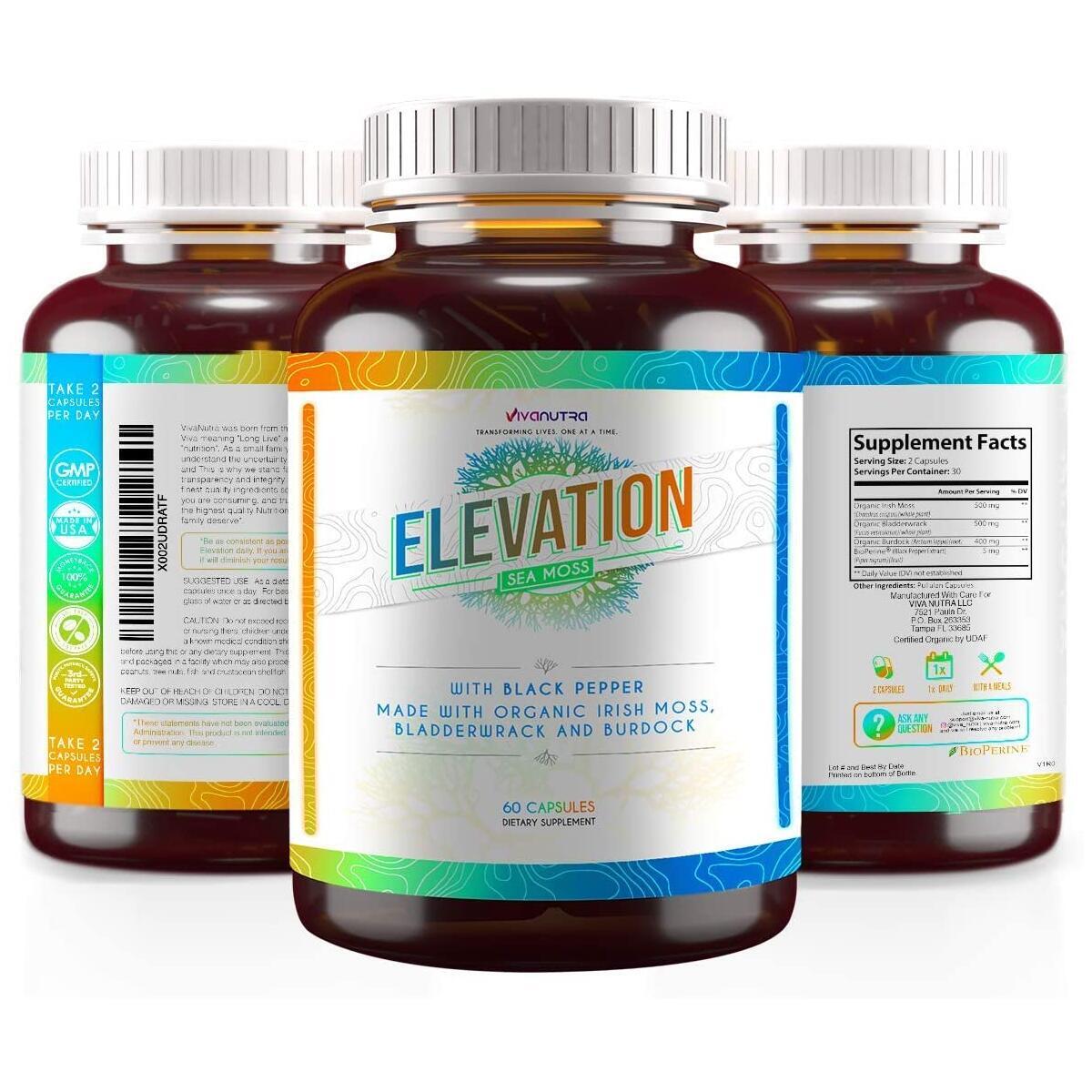 Elevation Organic Irish Sea Moss Bladderwrack Burdock Root 60 Capsules - Wildcrafted Seamoss Raw Organic Irish Moss Powder Gel Pills Alkaline Supplements Vegan Super Food - 1 Month Supply