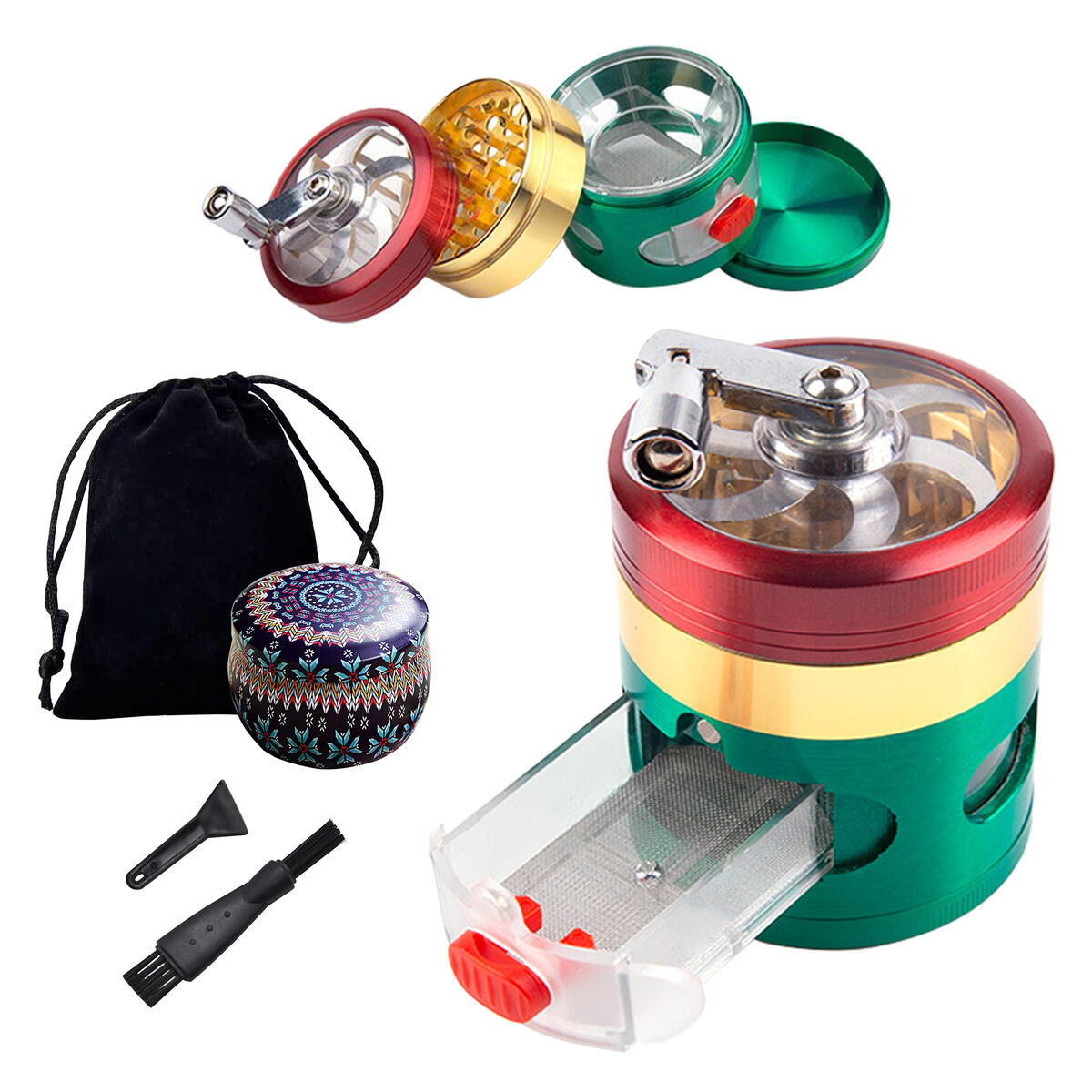 Colorful Rainbow Herb Spice Grinder with Drawer,2.5" Large Capacity Pollen Catcher with Hand Cranked,4 Layers Structure,Zinc Alloy Metal,Portable,Equipped with Brush,Scraper,Collected Box,Velvet Bag