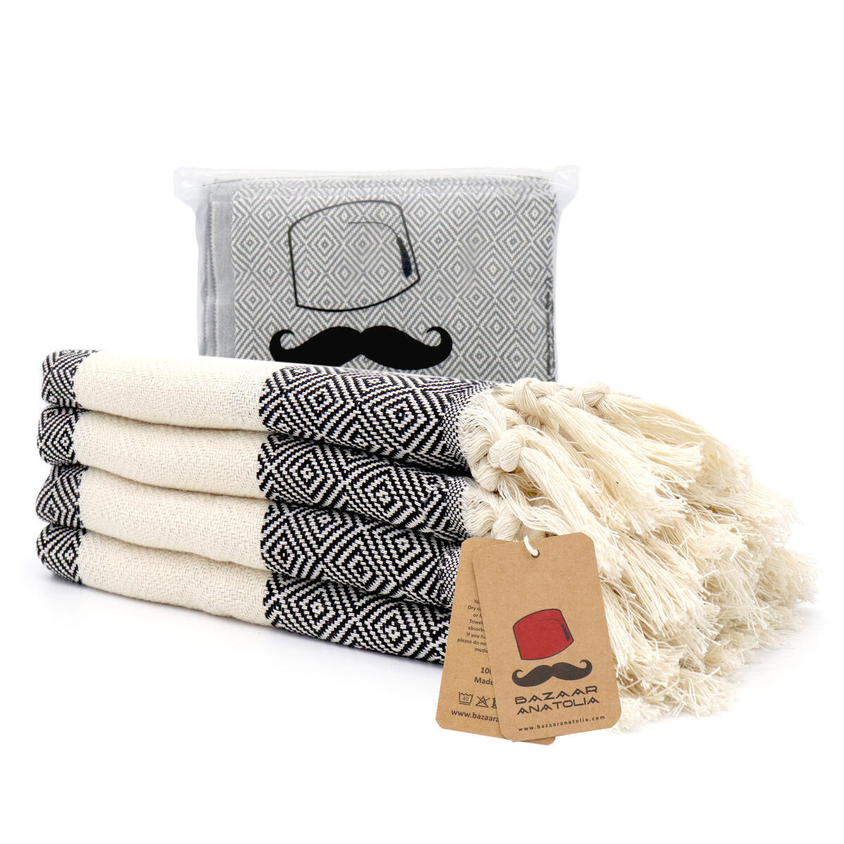 Set of 4 Diamond Bath Hand Towel Turkish Towel 45x20" (BLACK)