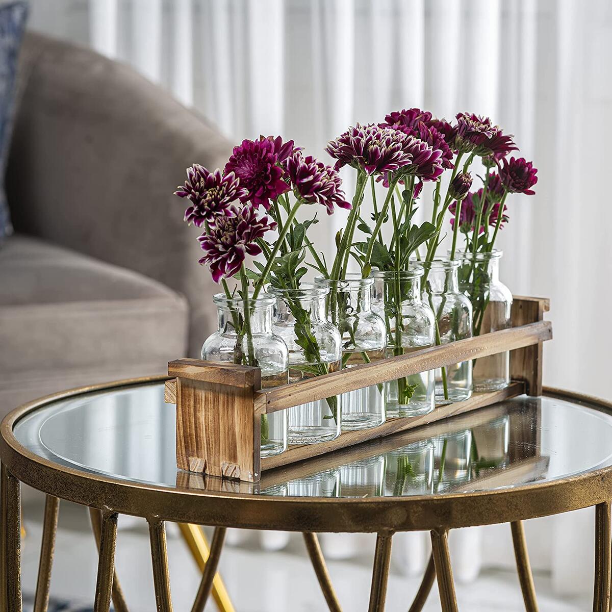 Beautiful Glass Flower Vase with Wooden Plant Stand & 6 Bud Vases, Decorative Glass Bottles for Home Décor, Dining Table Centerpiece, Wedding, Bridal Shower, Events - Vintage Medicine Bottles.