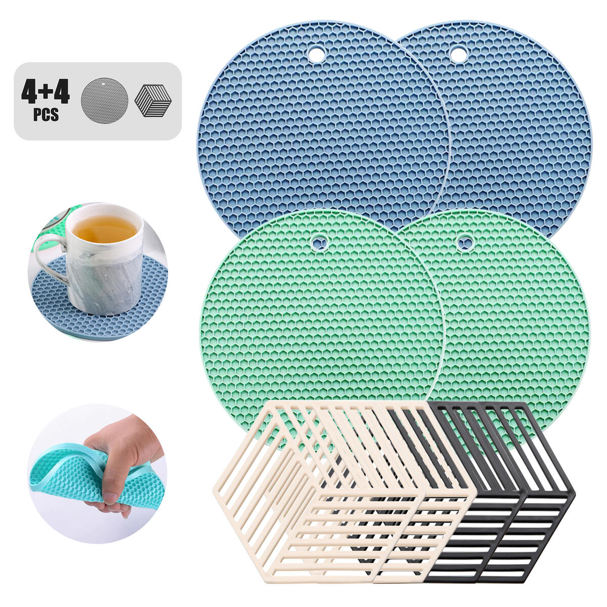 Silicone Dish Mat,Heat Resistant Pad,Insulation Cup Trivet,Multipurpose Pot Holder,Washable Potholder,Hot Bowl Coaster,Flexible Durable Non-Slip Placemat,Restaurant Family Kitchen Tool Gadget(8pcs)