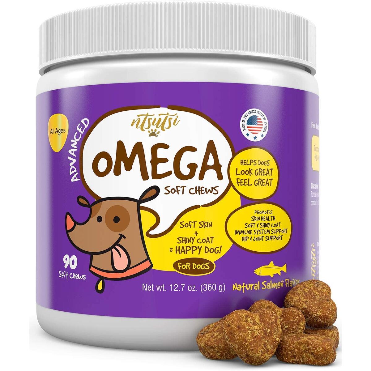 NTSUTSI Soft Omega 3, 6, 9 Dog Allergy Chews for Dogs - Natural Fish Salmon Oil Treats for Large and Small Dogs - Shedding, Itchy or Dry Skin Relief Pet Supplement - 90 pcs