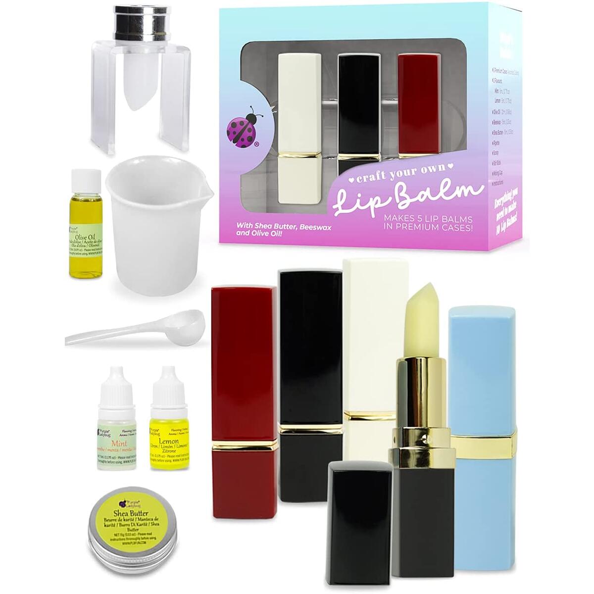 PURPLE LADYBUG Lip Balm Making Kit with Natural Ingredients for Girls & Teens - Make Your Own Lip Balm Set for Kids with 5 Fancy Lipstick Cases just Like Mom's - Great Birthday Gifts for Girls Age 8+