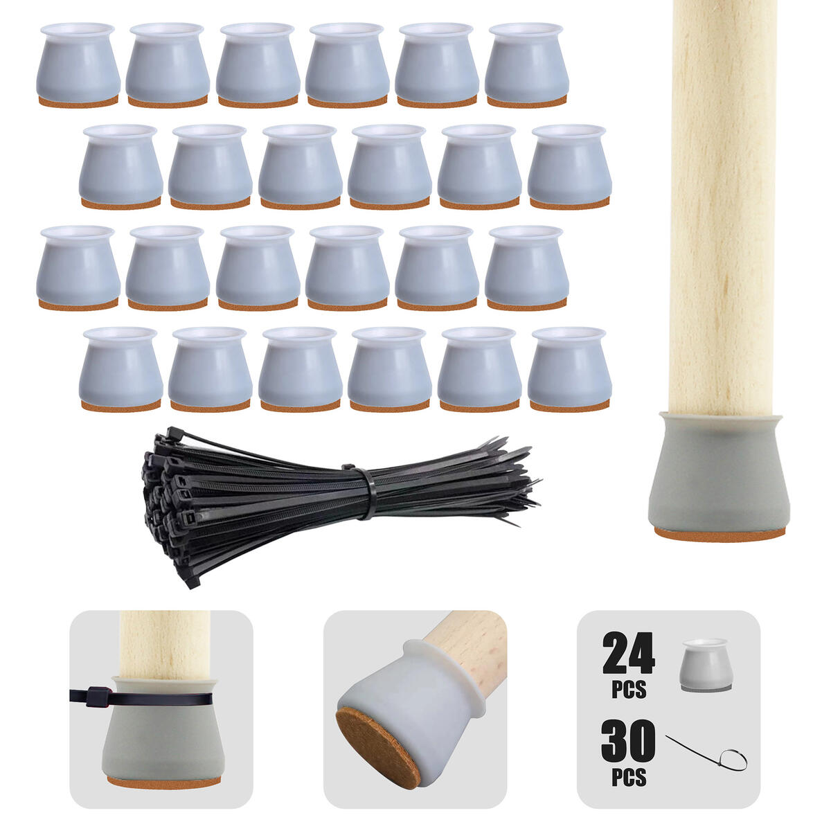 Silicone Chair Leg Protectors,Furniture Feet Protection Cover with Felt Pads,Table/Stool/Bench Anti Slip Caps,Prevent Floor Scratch,Move Quietly,Reduce Noise,Nylon Cable Tie,Grey/Round/Square(24 Pcs)