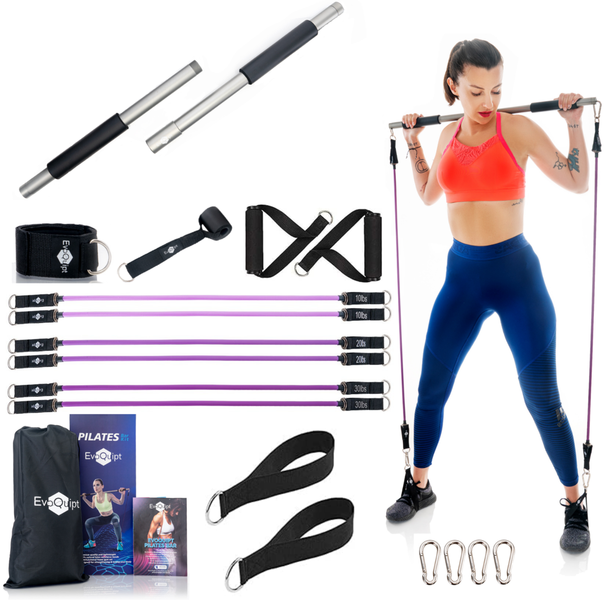 Pilates Bar Kit with Resistance Bands, Portable Resistance Bar, Tension Bar with Bands, Strength Workout Bar with Resistant Bands, Door Anchor, Ankle Strap, Handles, eBook with Health Tips by EvoQuipt