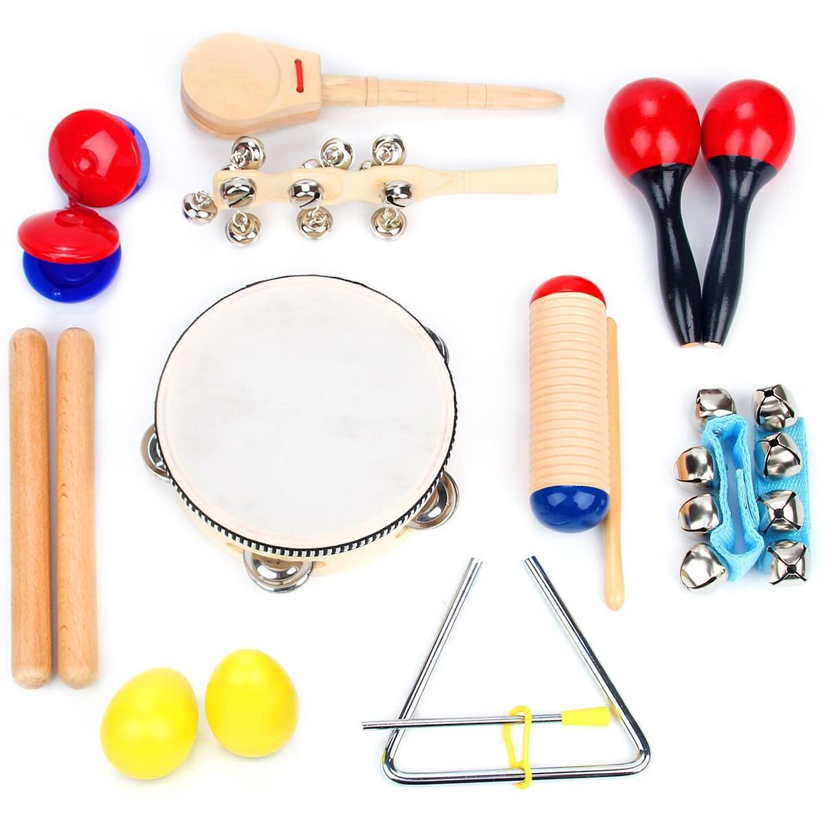 Boxiki kids Musical Instrument Set 16 PCS Rhythm & Music Education Toys for Kids. Includes Clave Sticks, Shakers, Tambourine, Wrist Bells & Maracas for Kids. Natural Toys with Carrying Case.