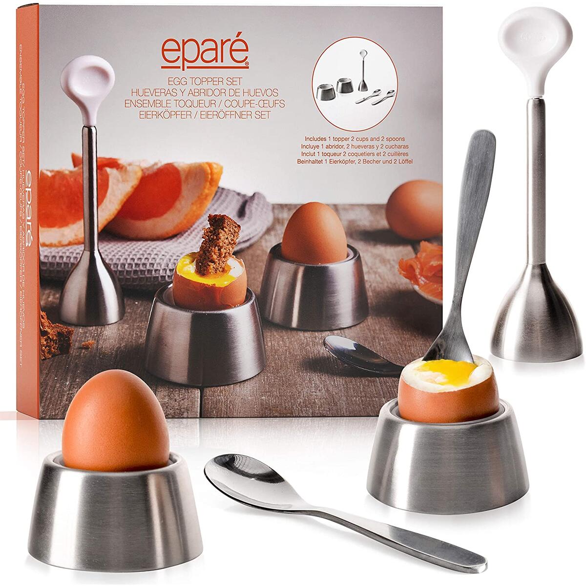 Egg Cracker Topper Set - Complete Soft Boiled Egg Tool Set - Includes Egg Cups Cutter & Spoons - Holder Cup Spoon & Peeler - Easy Eggs Opener by Eparé
