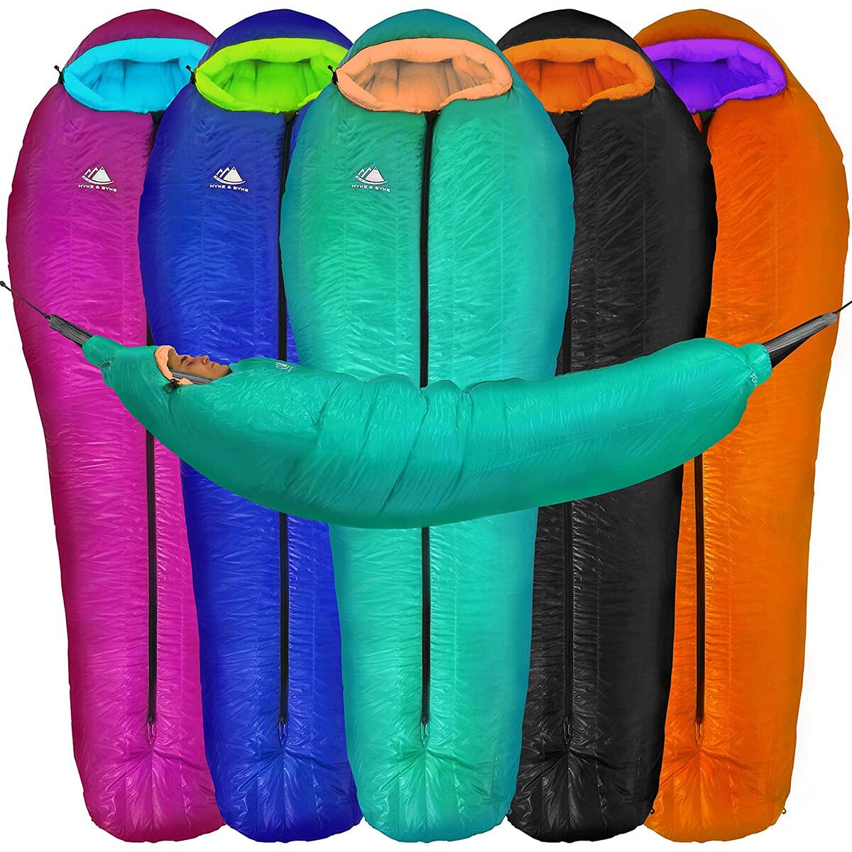 Hyke & Byke Antero 15 Degree F 800 Fill Power Hammock Compatible Hydrophobic Goose Down Sleeping Bag with ClusterLoft Base – color MINT TANGERINE size LONG ONLY